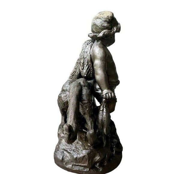 VTG French Style Cast Bronze Sculpture 6.75" Young Boy Fish Spear‎ Cast Net Dog - Picture 3 of 11